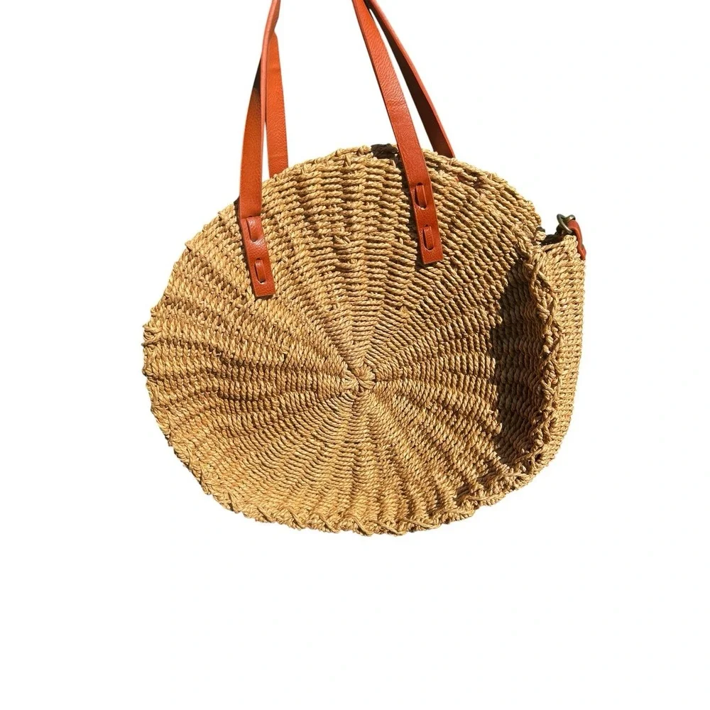 M Heart Round Circle Tote Bag Boho Beach Crossbody Natural Woven Papyrus 12.5
